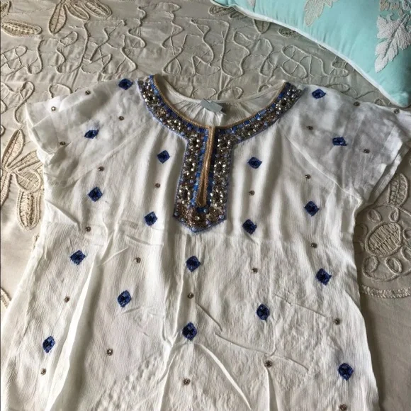 Anthropologie Maeve embellished embroidered top XS jeweled boho gauzy white - Picture 6 of 8